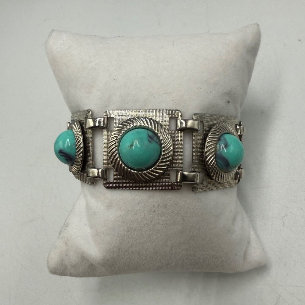 Vintage Silver Tone Faux Turquoise Panel Bracelet Southwestern Boho Statement